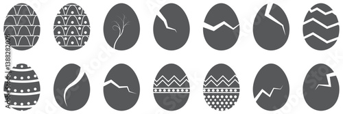 Broken eggs icon set isolated on black background. Broken Eggshell and cracked egg icon set in white color. Broken ester egg collection. Vector illustration.