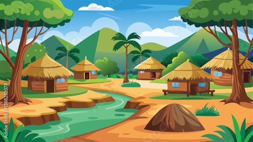 Village nature landscape scene with mud made hut and trees