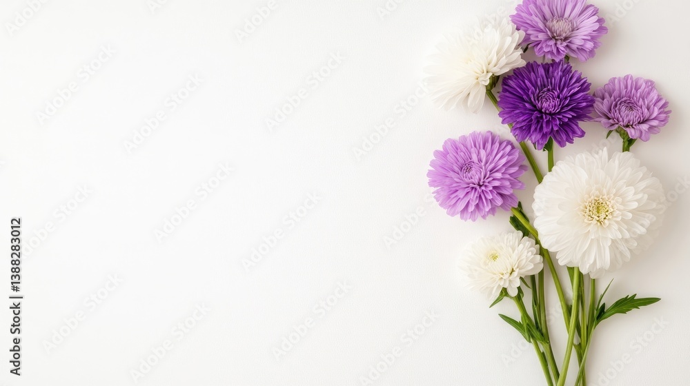 Obraz premium A bouquet of white and purple aster flowers arranged on a clean white background with copy space on the left side.