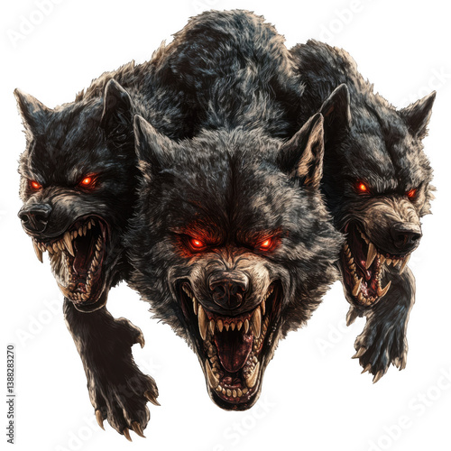 Guardian of the Underworld: Cerberus, the formidable three-headed hound, stands guard with menacing red eyes and snarling fangs, a chilling symbol of power and vigilance.