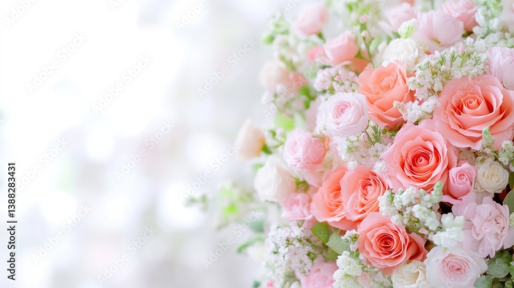 A large bouquet of light pink and white roses and smaller flowers is the focus. The composition is a close-up, emphasizing texture and detail. High-resolution, soft lighting creates a romantic mood. A large bouquet of light pink and white roses and smaller flowers is the focus. The composition is a close-up, emphasizing texture and detail. High-resolution, soft lighting creates a romantic mood.