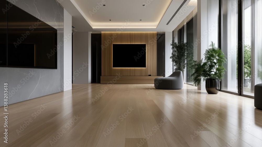 Fototapeta premium Modern, spacious living area with large windows, a wooden TV console, and a comfortable seating area