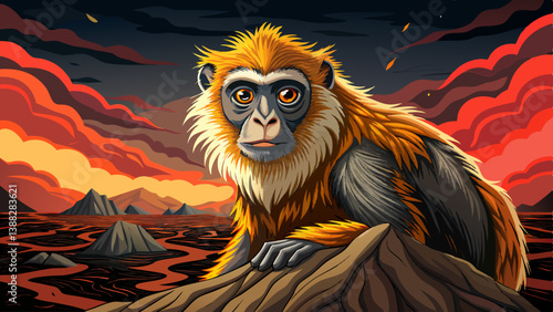 Monkey portrait on the edge of a volcanic crater landscape