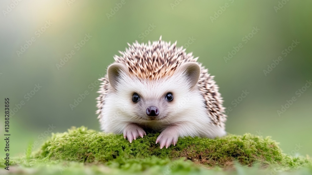 A cute hedgehog rests on a patch of moss. Its quills are light brown and white. The background is softly blurred green foliage. The image is high quality, with natural lighting. It has a charming, A cute hedgehog rests on a patch of moss. Its quills are light brown and white. The background is softly blurred green foliage. The image is high quality, with natural lighting. It has a charming,