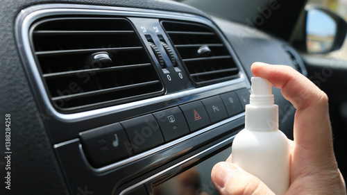 Hand spraying air freshener in car interior ventilation system