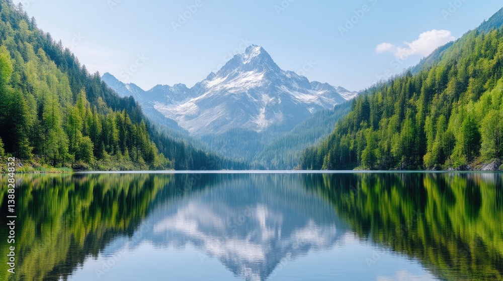 A serene mountain lake reflects a snow-capped peak and lush green forests. The composition is symmetrical, with trees lining both shores. High-resolution image with bright, natural lighting. The sty A serene mountain lake reflects a snow-capped peak and lush green forests. The composition is symmetrical, with trees lining both shores. High-resolution image with bright, natural lighting. The sty