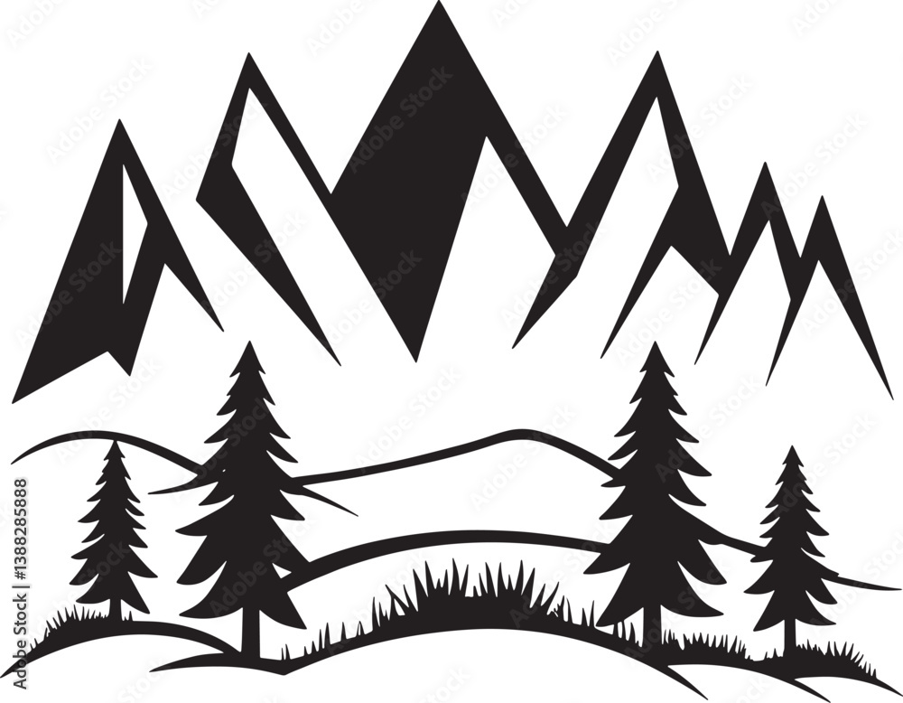 Obraz premium Simple Black Silhouette Mountain Landscape With Trees