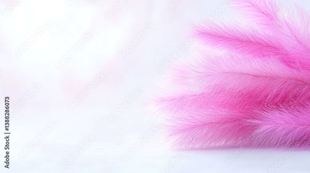 Fototapeta premium Soft pink pampas grass rests on a white surface. The image features a blurred, bright background. Its a high-quality photo with soft lighting. The style is minimalist and delicate. The pastel pink c