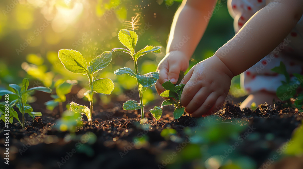 Fototapeta premium Child interacts with young plants in a sunny garden setting during early morning hours to promote growth and connection with nature