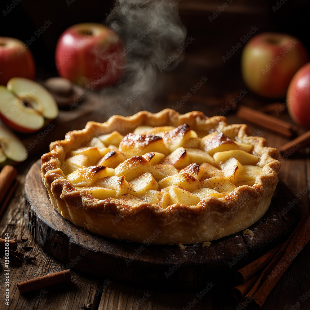 Freshly Baked Apple Pie with Cinnamon on Rustic Wooden Table Freshly Baked Apple Pie with Cinnamon on Rustic Wooden Table