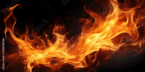 Fire on black background, flames, flying