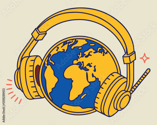 Global Audio Communication: Headphones on World Globe with Starry Background.