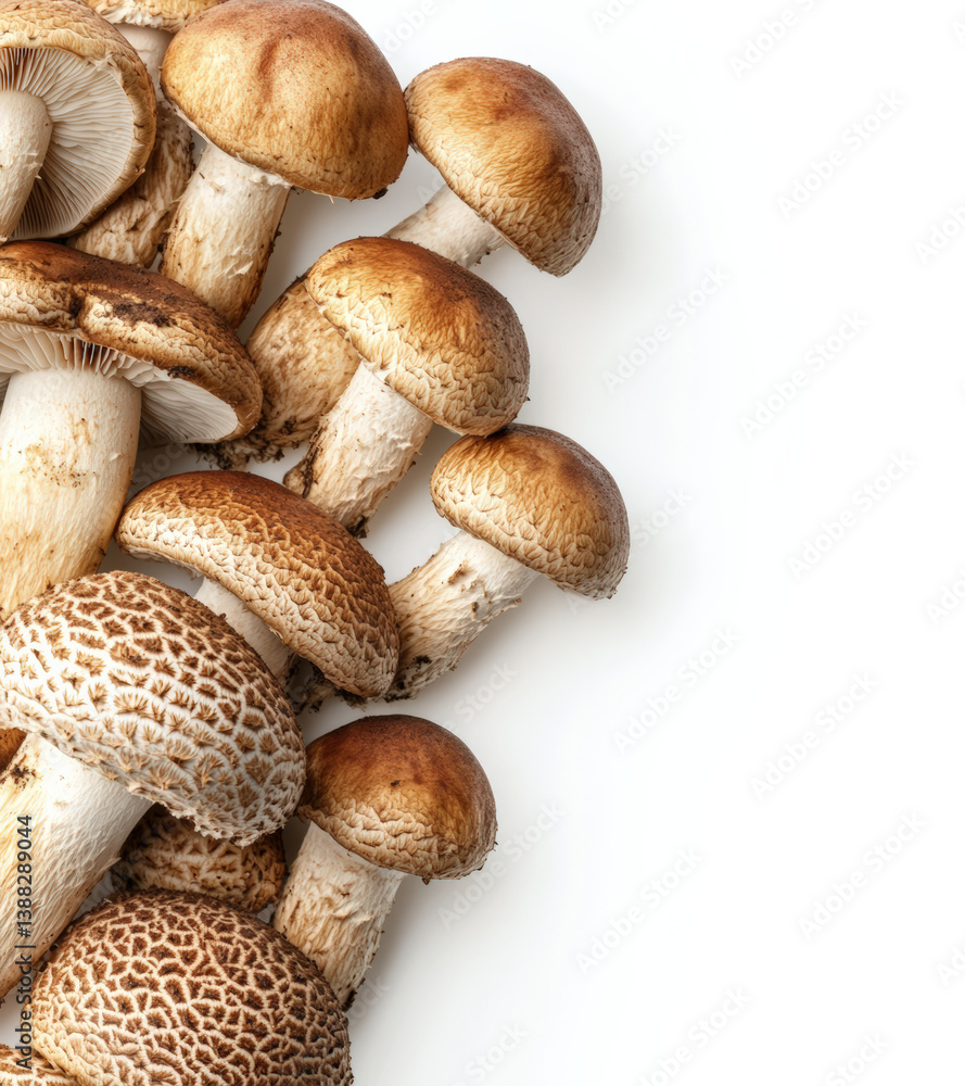multiple mushrooms, including shiitake and reishi, with a transparent background. The mushrooms are placed on the right side of an empty white space multiple mushrooms, including shiitake and reishi, with a transparent background. The mushrooms are placed on the right side of an empty white space