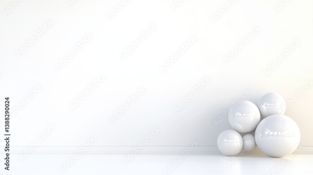 Minimalist white room with glossy spheres Minimalist white room with glossy spheres