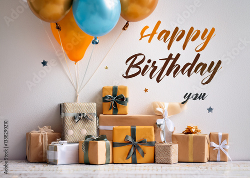 Happy birthday banner, celebrating a happy birthday with balloons and gifts.
