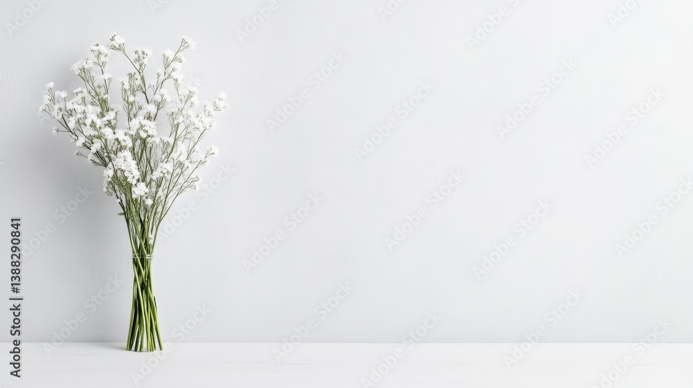 A bouquet of small white flowers with green stems stands on a white surface. The simple composition features a minimalist aesthetic against a plain white background. The image is high-quality, well-l A bouquet of small white flowers with green stems stands on a white surface. The simple composition features a minimalist aesthetic against a plain white background. The image is high-quality, well-l