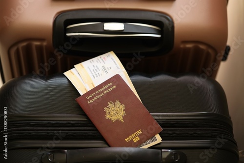 French passport with tickets lies on touristic suitcase close up in airport waiting hall