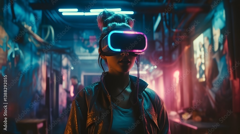 Immersive Reality: A person wearing a VR headset steps into a vivid cyberpunk scene, experiencing a new world of virtual reality and futuristic technology. Immersive Reality: A person wearing a VR headset steps into a vivid cyberpunk scene, experiencing a new world of virtual reality and futuristic technology.