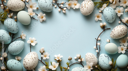 Easter eggs and blossoms on pastel blue background