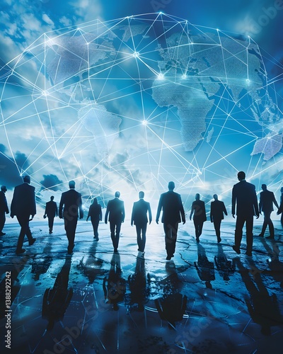 Global Connectivity: A silhouette of a business group advancing confidently toward an interconnected world, a representation of networking, international relations, and global collaboration.
