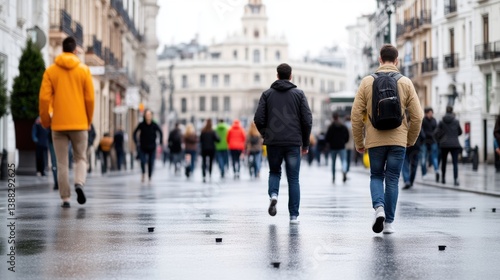 Three individuals walk down a city street. One wears a bright orange jacket, another a dark jacket, and a third carries a backpack. Many blurred pedestrians fill the background. The image is medium-