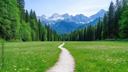 A winding path leads through a vibrant green meadow dotted with wildflowers. Tall evergreen trees line the meadows edge, framing a majestic mountain range in the background. The scene is brightly lit