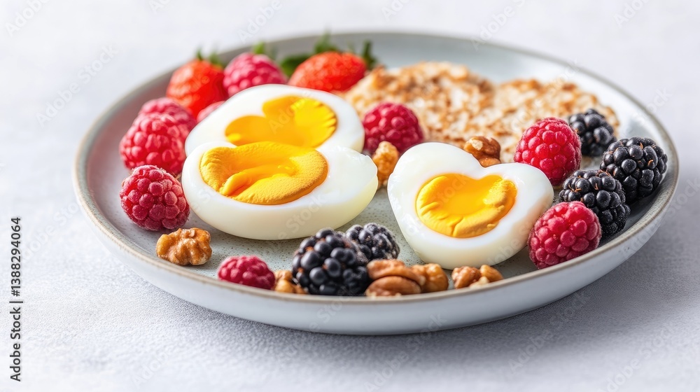 A plate of halved boiled eggs with vibrant fresh berries and nuts, arranged on a simple white plate, close-up shot on a light background, and healthy breakfast concept. A plate of halved boiled eggs with vibrant fresh berries and nuts, arranged on a simple white plate, close-up shot on a light background, and healthy breakfast concept.