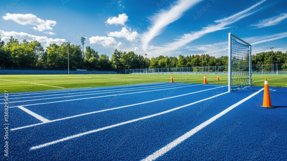 Fototapeta premium Sports field with soccer goalpost, cones, and track lines freshly painted under a blue sky