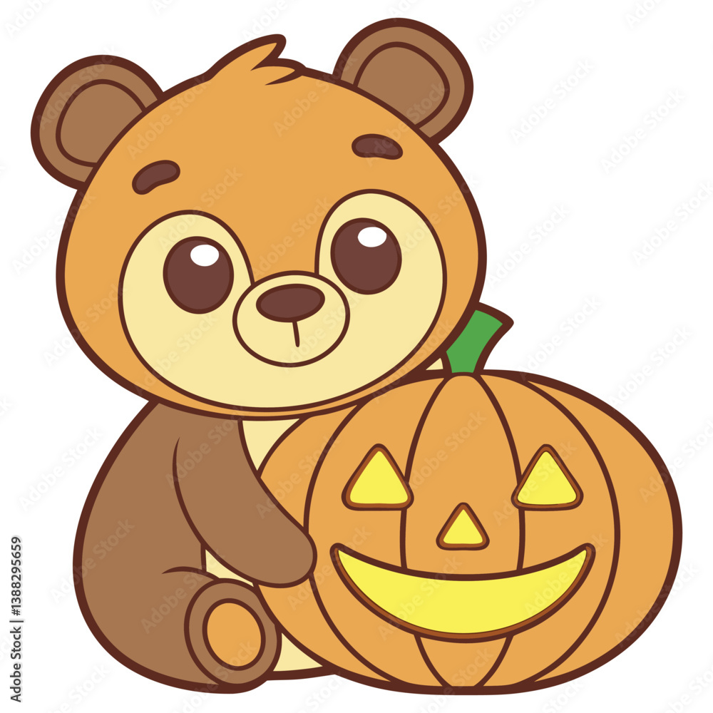 Cute Brown Cartoon Bear Hugging an Orange Halloween Pumpkin on Transparent Background Cute Brown Cartoon Bear Hugging an Orange Halloween Pumpkin on Transparent Background