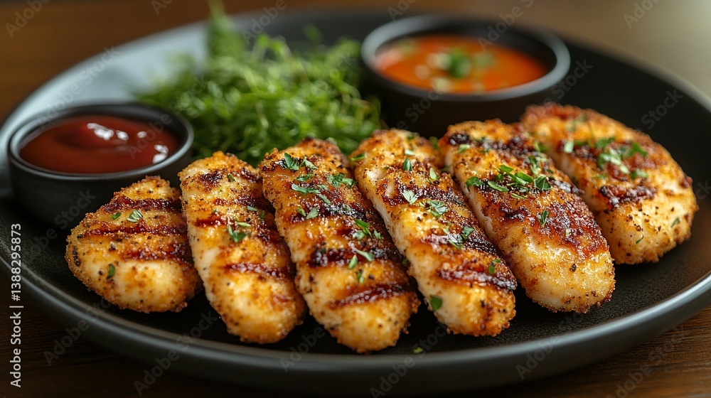 Grilled chicken tenders with two dipping sauces and greens. Grilled chicken tenders with two dipping sauces and greens.