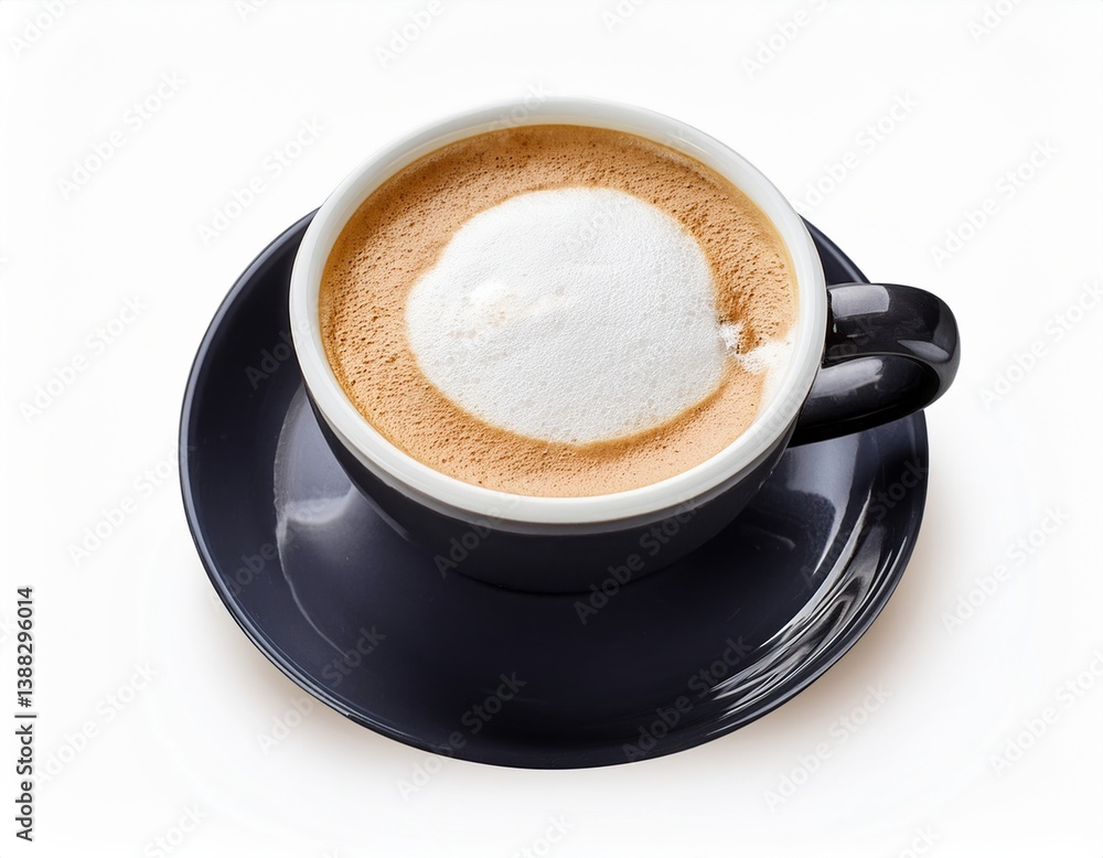 Obraz premium Close-up of cappuccino in black cup with rich foam on white background