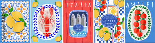Summer. Italy. Amalfi. Vector illustration of Mediterranean italian blue tiles, lemons, sardines, cherry tomatoes, pattern and lobster on plate for poster, card or background