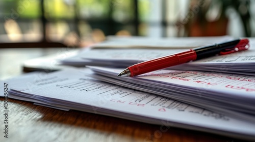 Stack of test papers with red pen corrections and grade markings on a teacher's desk