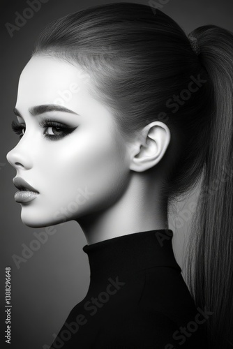 Elegant black and white fashion model portrait studio setting high contrast side profile