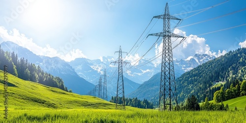 Electricity production and transmission. Electric power lines stretch across a scenic mountainous landscape under a bright blue sky.