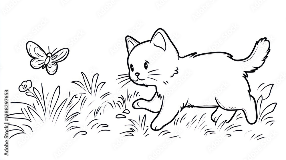Obraz premium Cute kitten exploring a meadow with butterfly. Possible use Children's book illustration