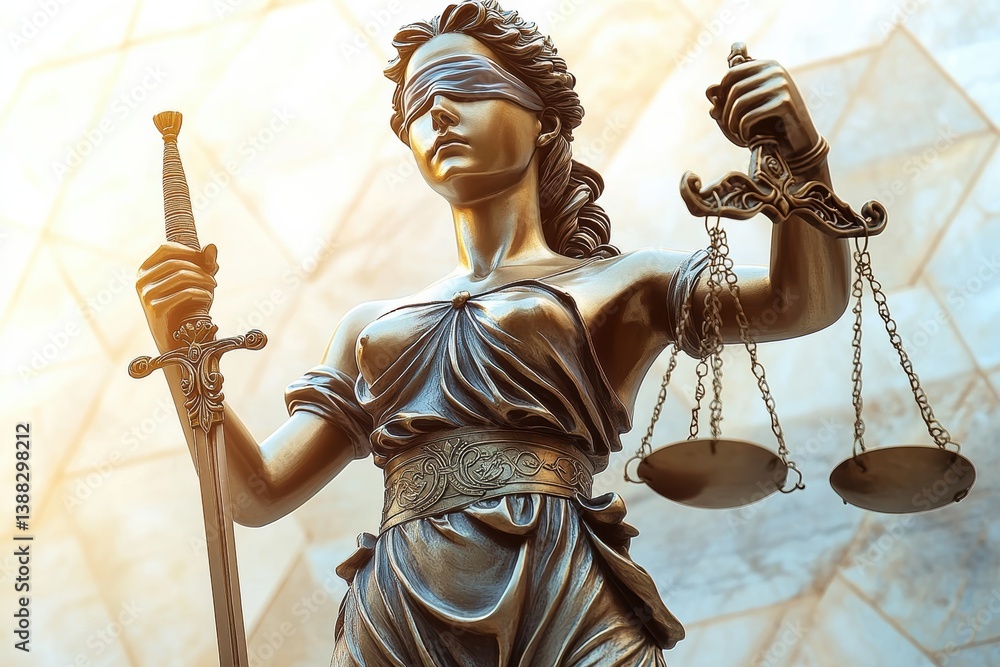 Obraz premium Statue of Lady Justice holding scales and sword in a classic setting during the golden hour