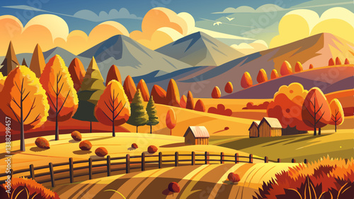 mountainous rural landscape with haystacks behind the fence on the field. countryside scenery with rolling hills in autumn
