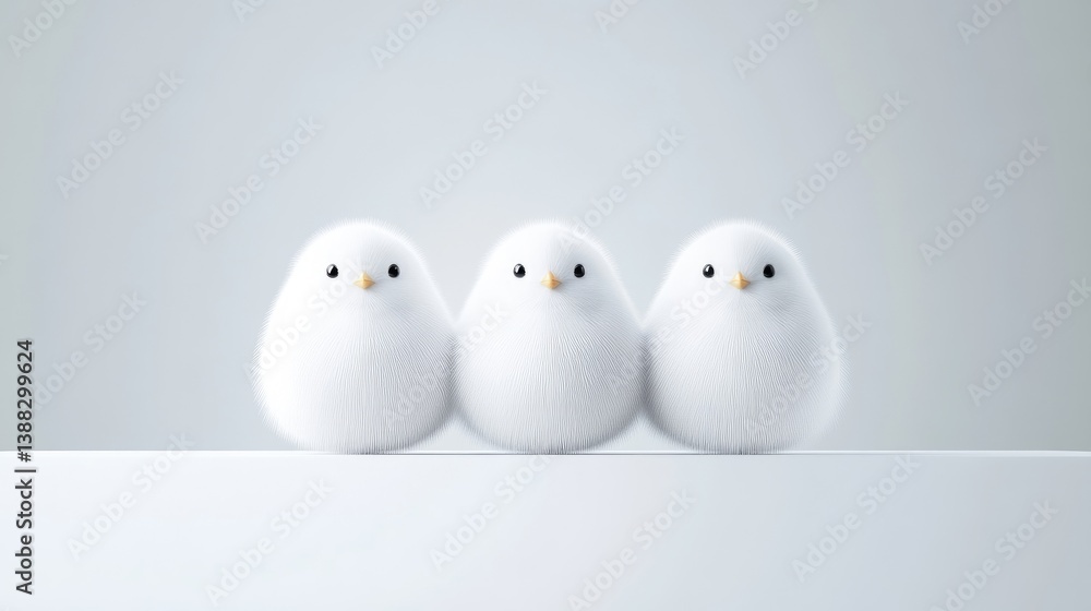 Three fluffy white birds sit in a row on a white surface. The image is simple, with a minimalist composition. The lighting is soft and even, creating a calm mood. The style is cute and serene. The Three fluffy white birds sit in a row on a white surface. The image is simple, with a minimalist composition. The lighting is soft and even, creating a calm mood. The style is cute and serene. The