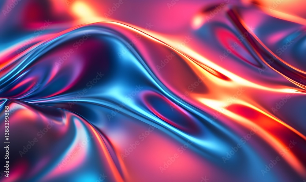 Fototapeta premium Abstract iridescent wavy surface with blue, red, and orange highlights