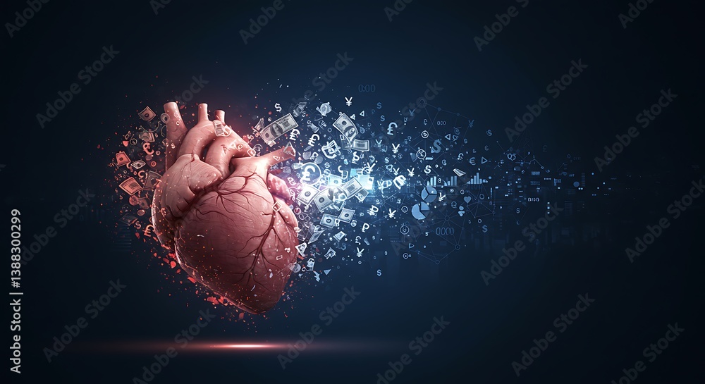 Obraz premium Digital Heart: Data Disintegration, Emotional Depth AI Generated