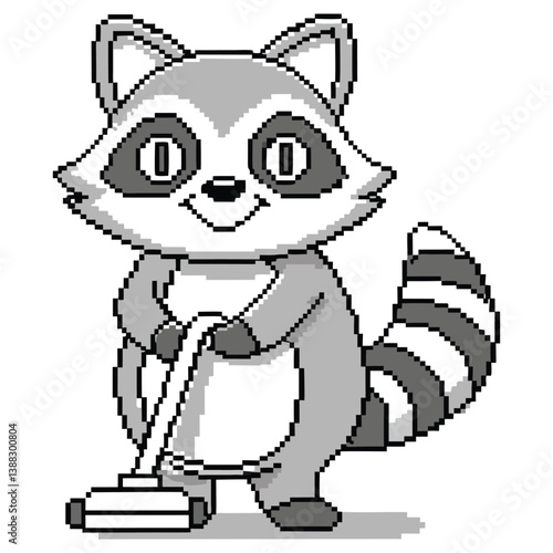 Raccoon with Vacuum Pixel Art Gray and White on Transparent Background