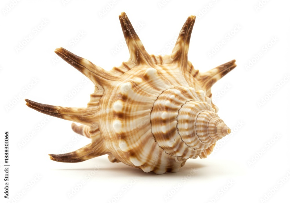 Seashell with spiral pattern and intricate ridges isolated on white background Seashell with spiral pattern and intricate ridges isolated on white background