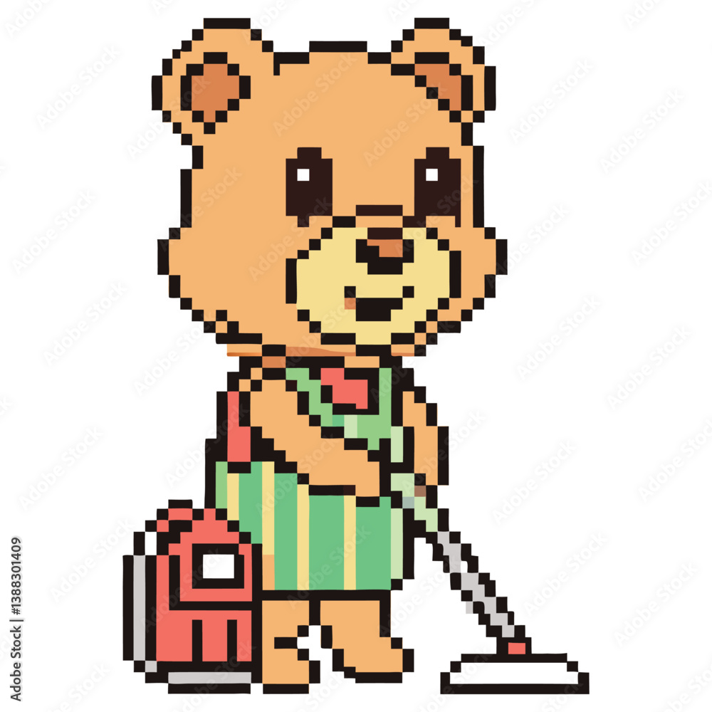 Fototapeta premium Cute Pixel Art Style Bear Cleaning with Mop and Vacuum on White Background