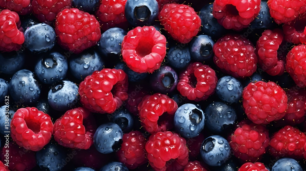 Fresh ripe raspberries and blueberries background, macro shot of mixed berries texture showing natural organic produce with vibrant colors. Fresh ripe raspberries and blueberries background, macro shot of mixed berries texture showing natural organic produce with vibrant colors.