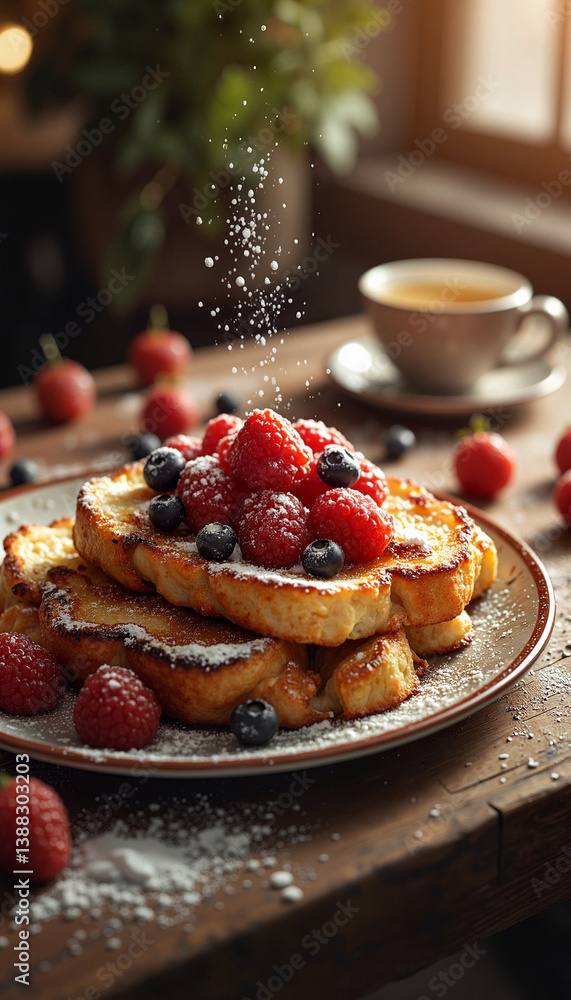French toast with fresh berries and powdered sugar on rustic table French toast with fresh berries and powdered sugar on rustic table