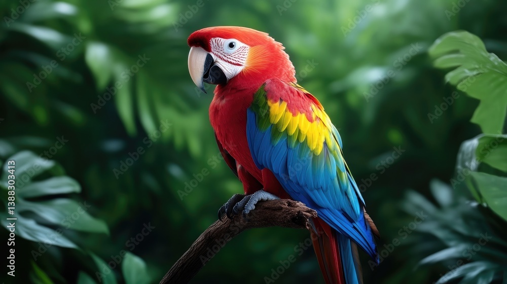 Vibrant parrot perched in lush jungle Vibrant parrot perched in lush jungle