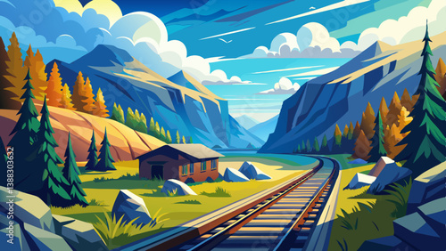 old railroad passes through the valley. mountainous countryside in morning light. sunny weather with blue sky and clouds. outdoor adventure in western ukraine