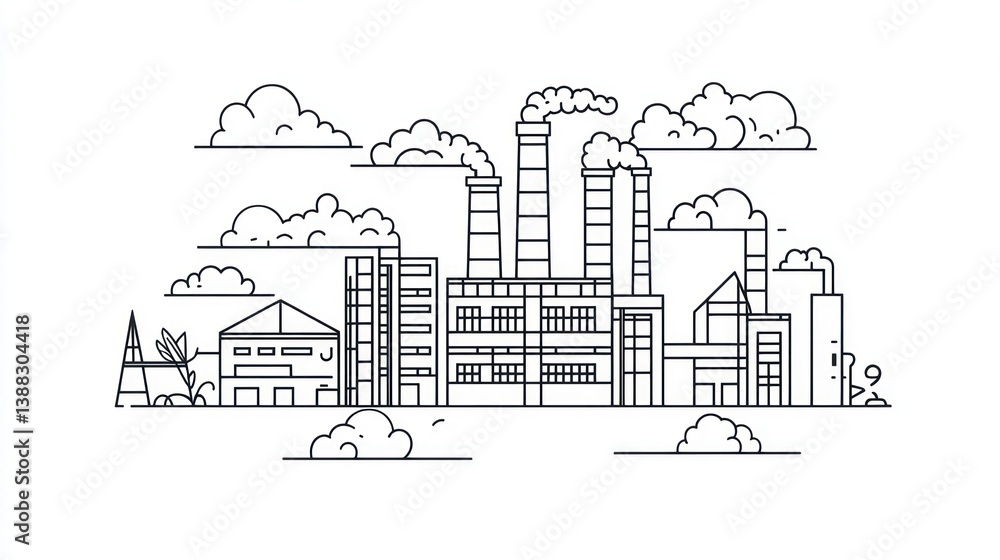 Fototapeta premium Industrial Outline Drawing of Factory Complex