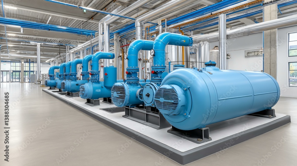 Blower system for aeration tank, blue industrial air blowers with connected piping and control valves Blower system for aeration tank, blue industrial air blowers with connected piping and control valves
